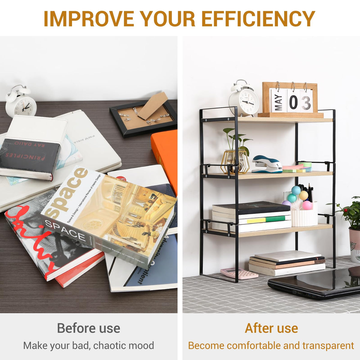 YGYQZ Desk Shelf Organizer for Top of Desk, 3-Tier Desktop Bookshelf, Black & Wood