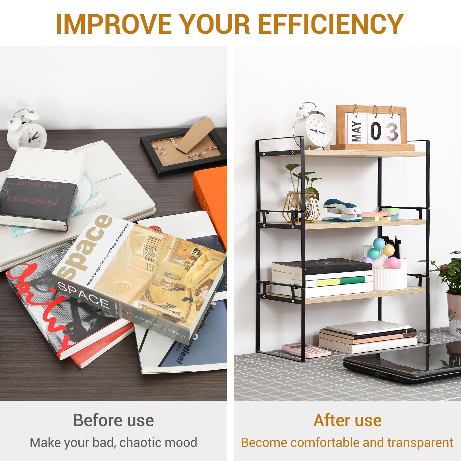 YGYQZ Desk Shelf Organizer for Top of Desk, 3-Tier Desktop Bookshelf, Black & Wood