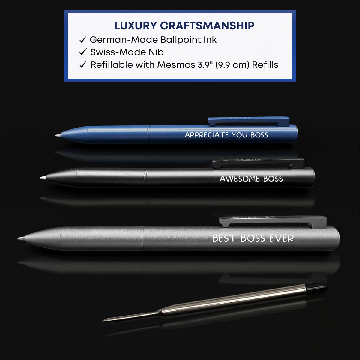 MESMOS 3pk Fancy Pens for Men, German Made Ballpoint Ink 1mm Medium Tip, Best Boss Gifts for Men
