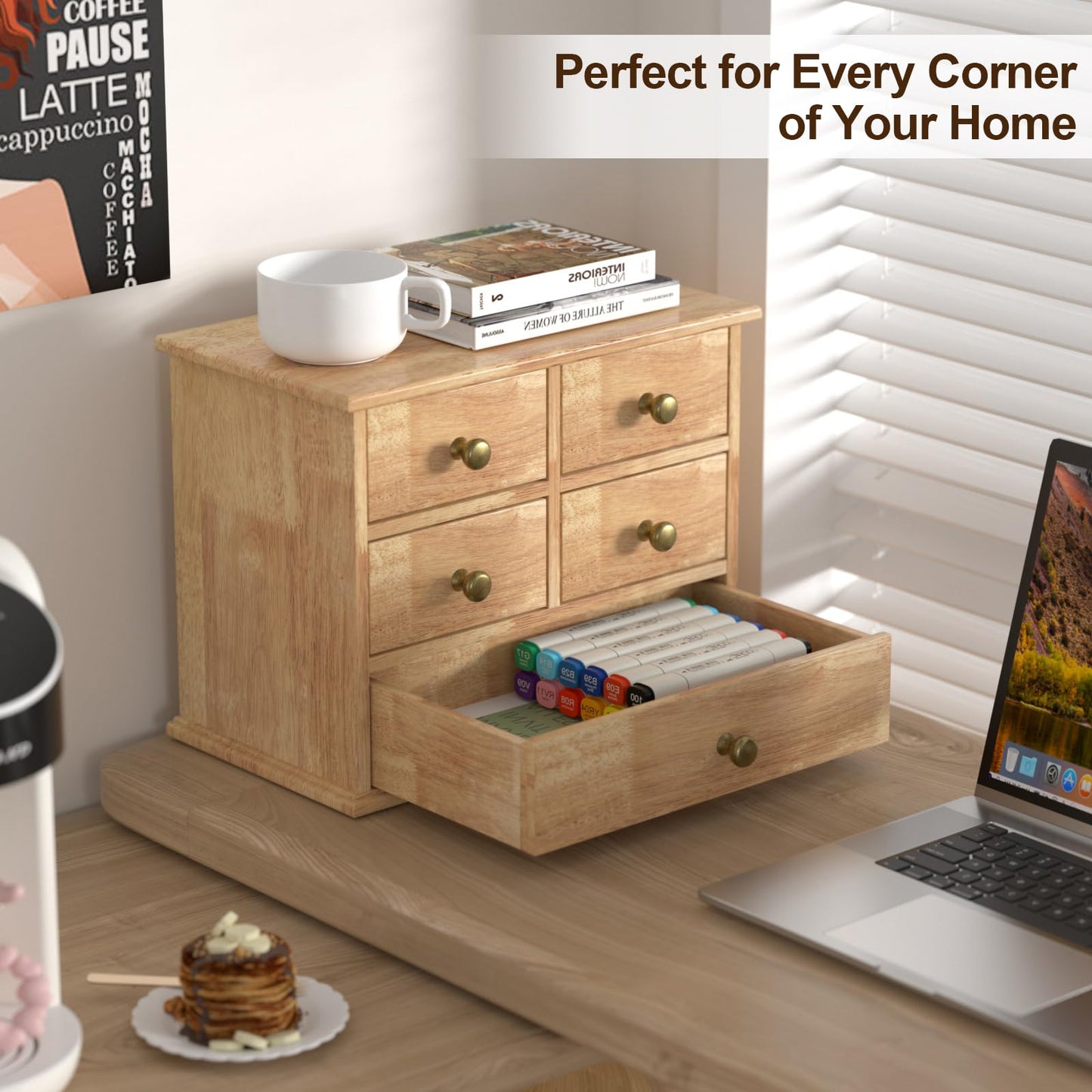 Oak Desk Organizer with Drawers, Durable Wooden Desktop Storage Box
