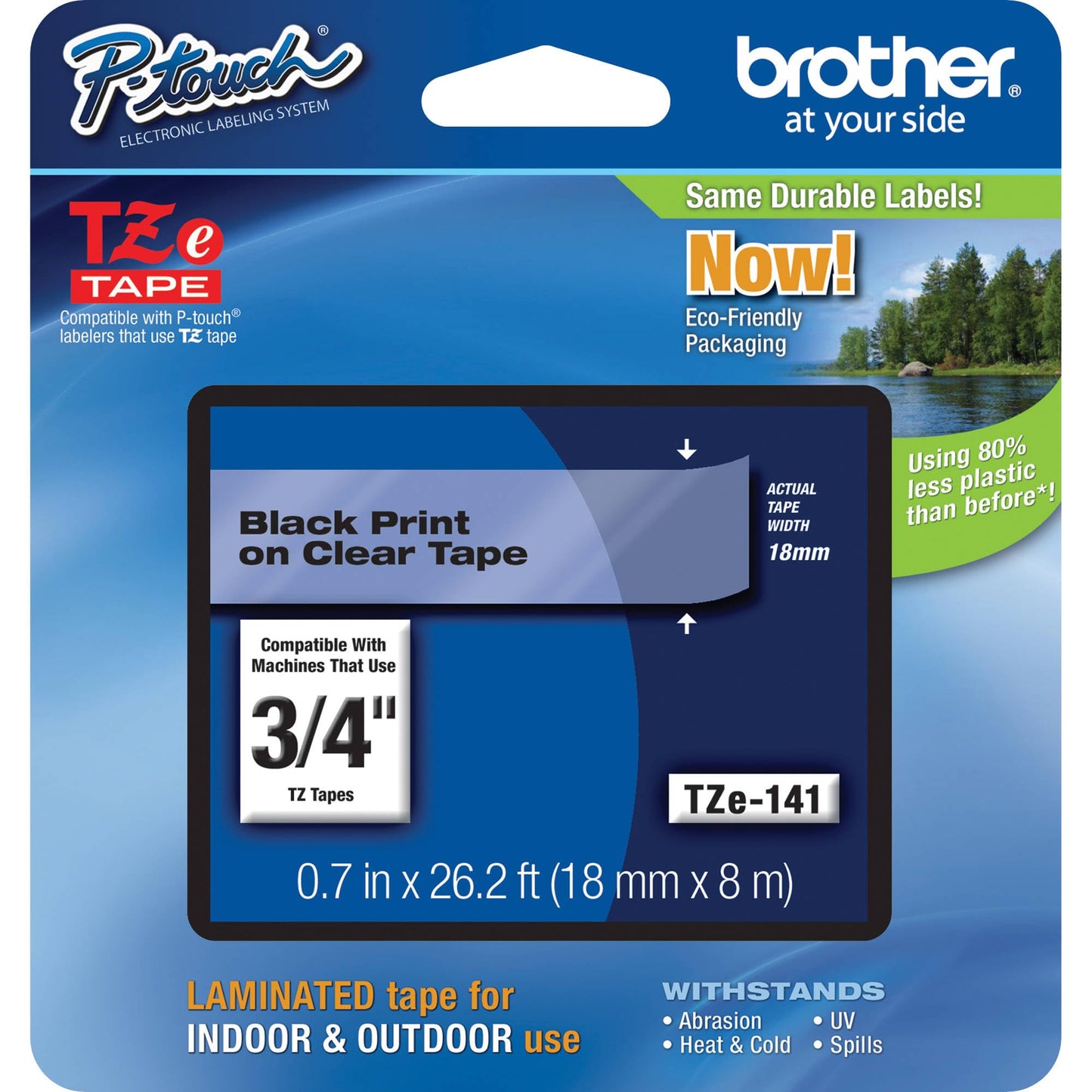 Brother Tape, Retail Packaging, 3/4 Inch, Black on Clear (TZe141) (Pack of 1)