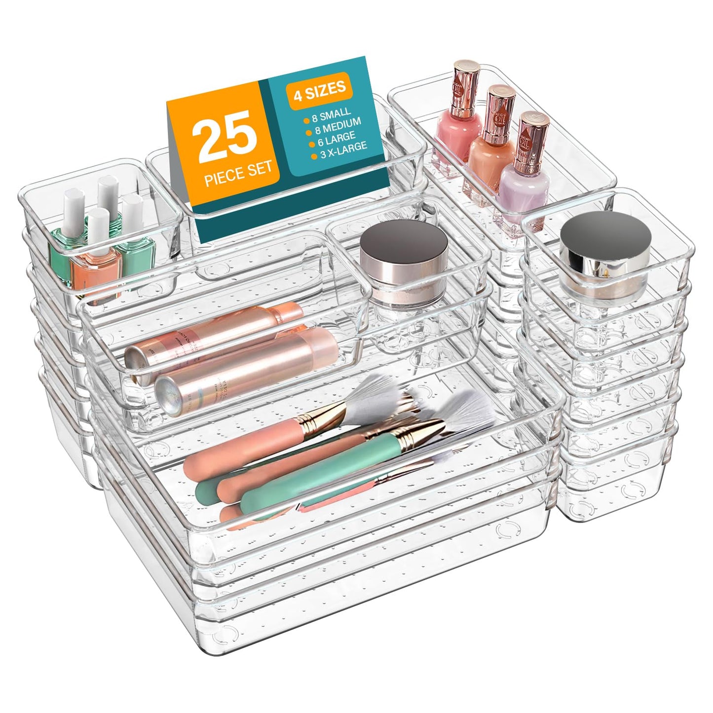 LUSCREAL 25 PCS Clear Plastic Drawer Organizers and Dividers, 4 Sizes Stackable Drawer Storage Bins