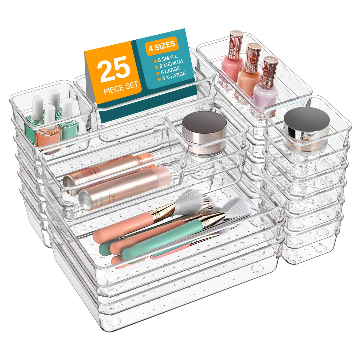 LUSCREAL 25 PCS Clear Plastic Drawer Organizers and Dividers, 4 Sizes Stackable Drawer Storage Bins