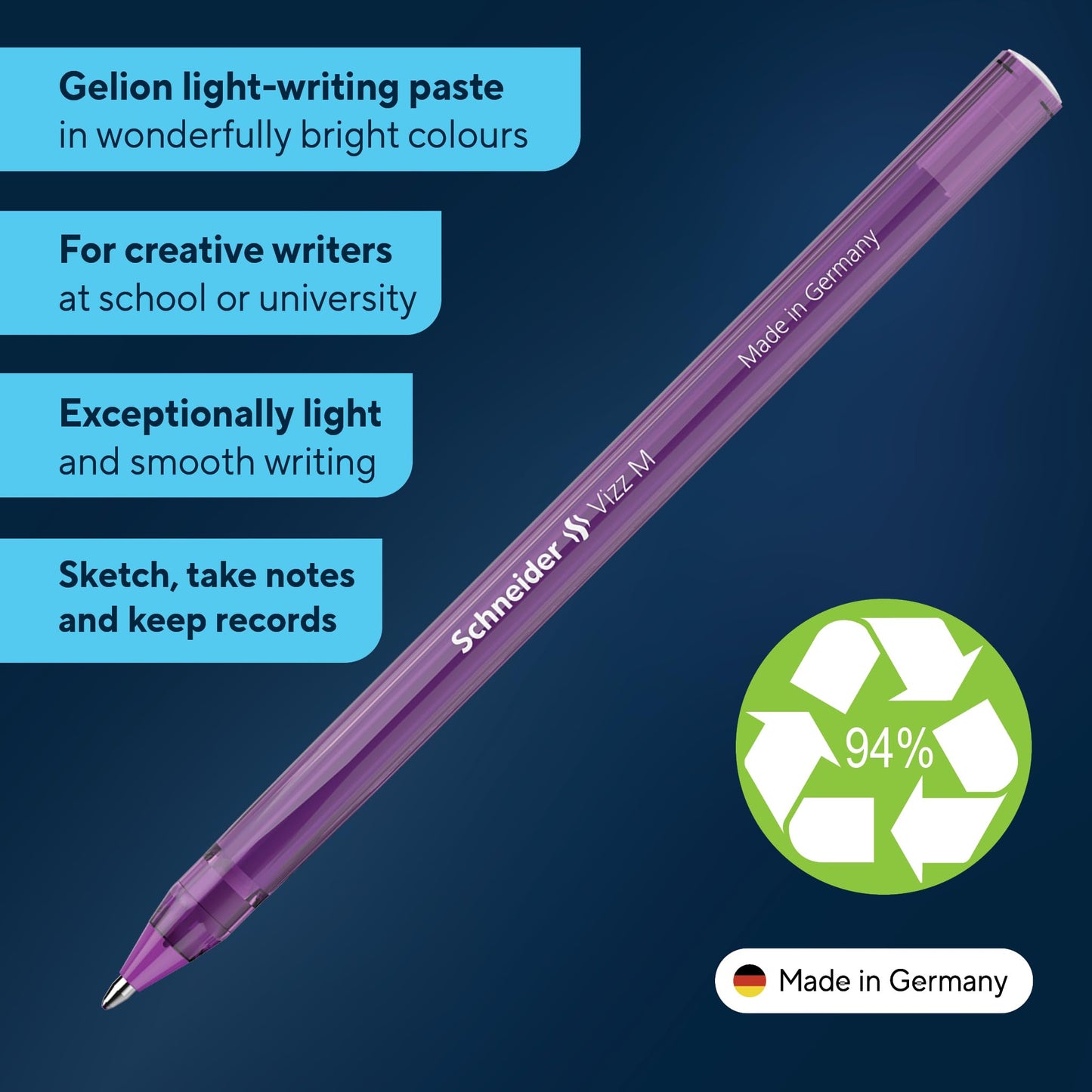 Schneider Vizz 102208 Ballpoint Pen for Easy and Quick Writing - Colour Ink Barrel - Medium Line