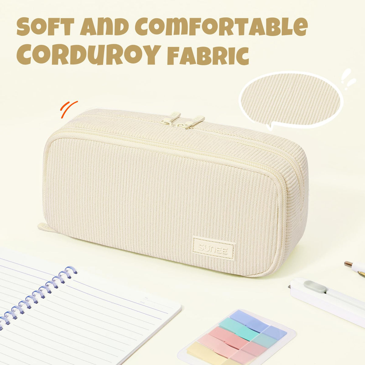 SUNEE Pencil Case, Large Capacity Pencil Pouch, Aesthetic Big Pen Bag, Soft Corduroy Fabric Pen Box