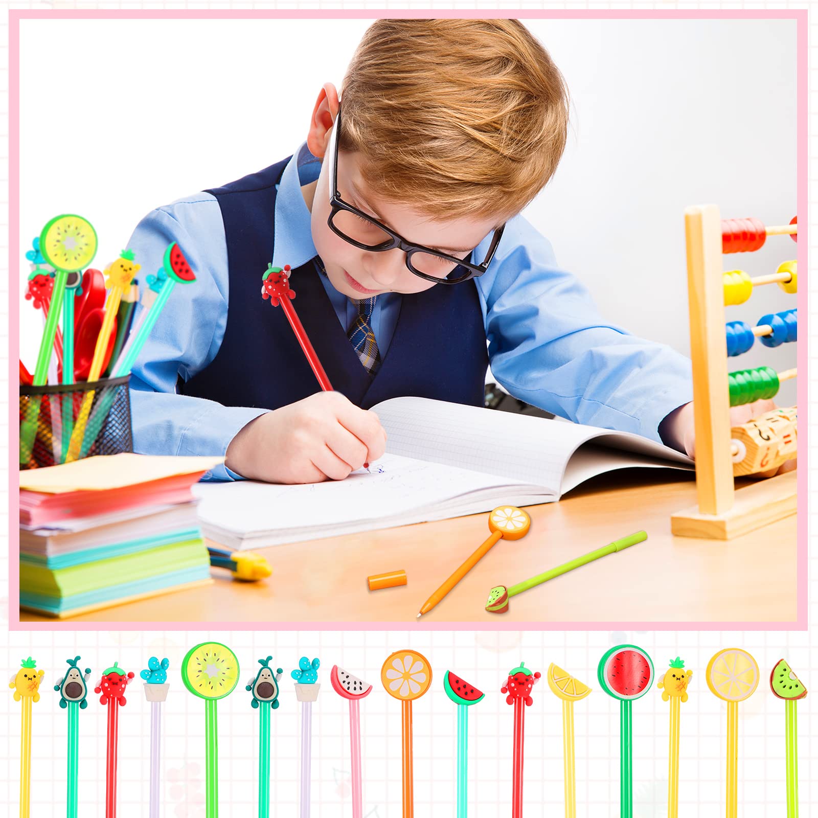 Containlol 48 Pcs Cartoon Cute Fun Pens Bulk Black Gel Ink, Colorful Fruit