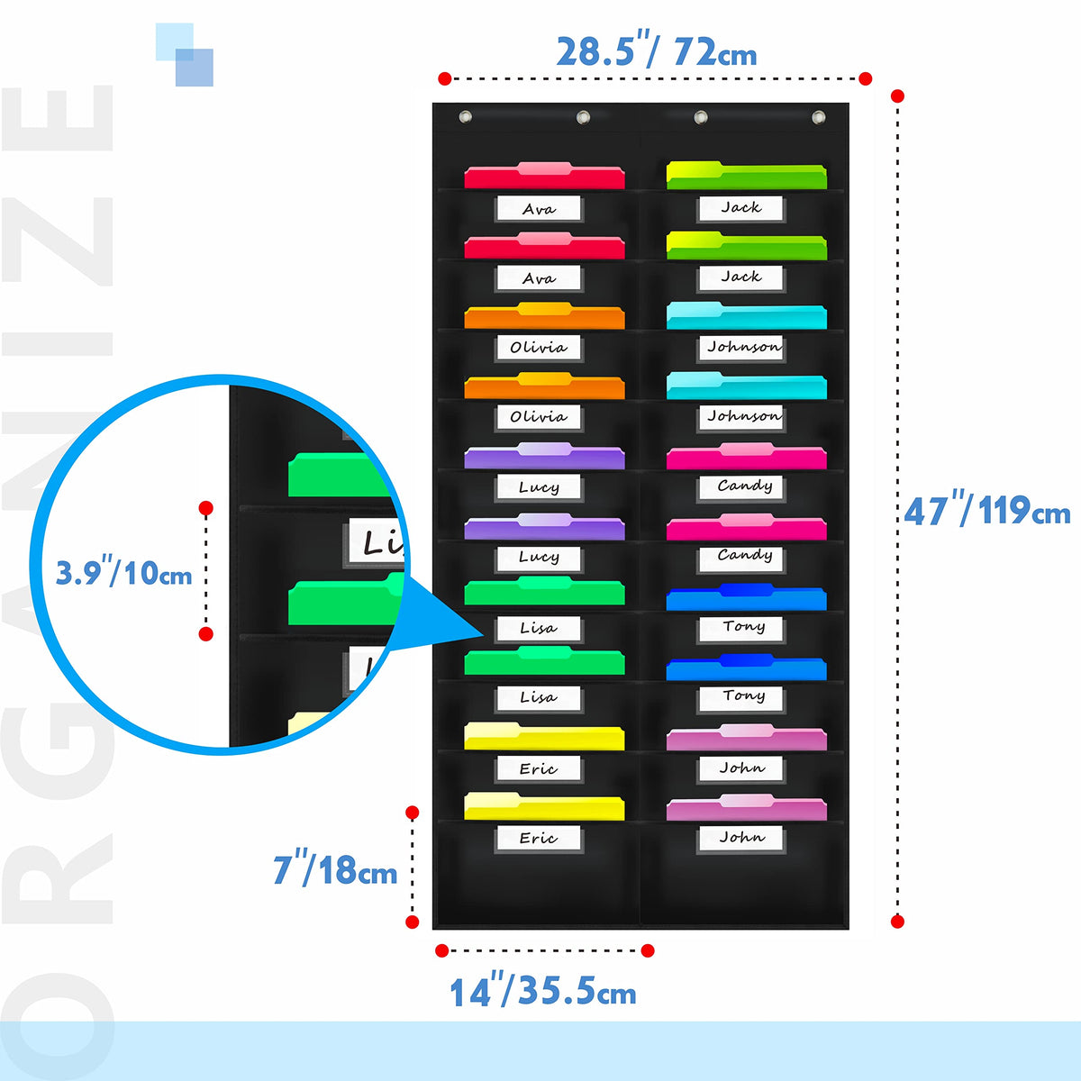 Vantasii Nylon Storage Pocket Chart with 20 Name Tag Pockets, Hanging Wall File Organizer, 4 Hooks