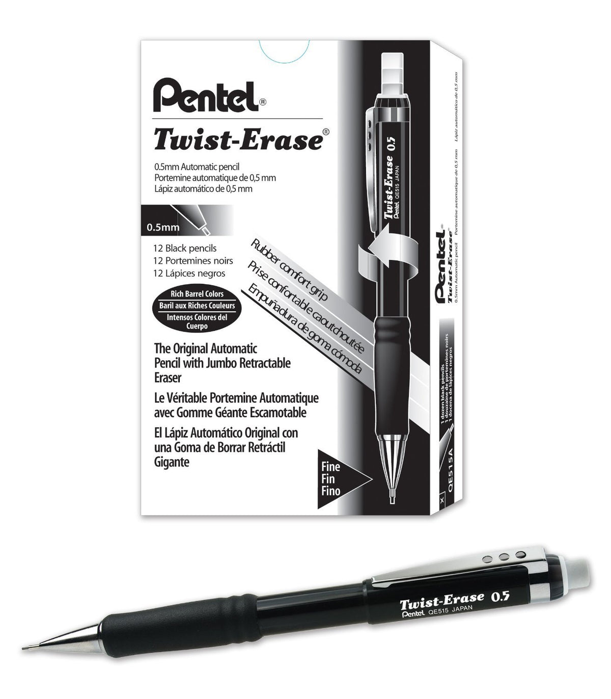 Pentel Twist-Erase III Mechanical Pencil, (0.5mm), Black Barrel, 12 Pack (QE515A)