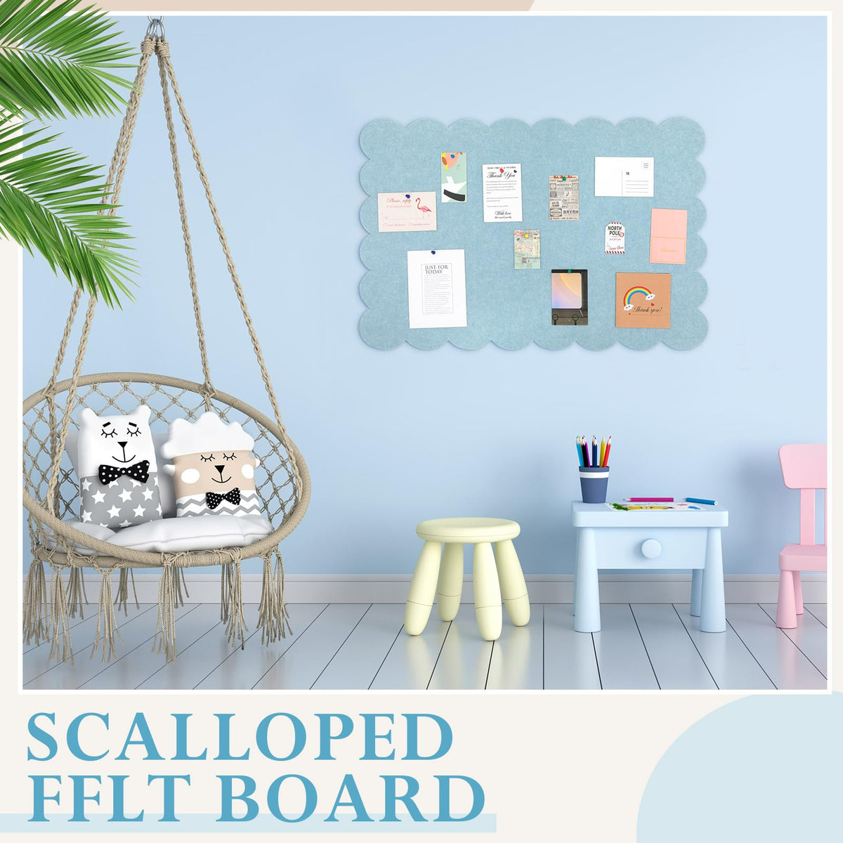 Mooliwe Scalloped Felt Bulletin Cork Board Foldable Light Blue 24 * 18 Inch