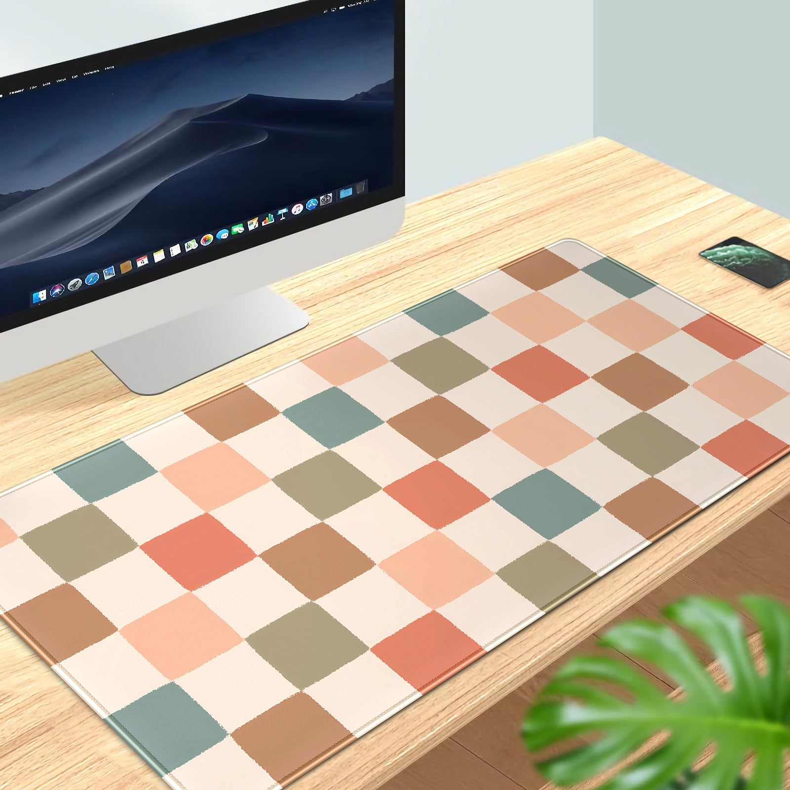 Boho Checker Desk Mat Beige Checkerboard Mouse Pad Large Aesthetic Desk Pad Extended Gaming