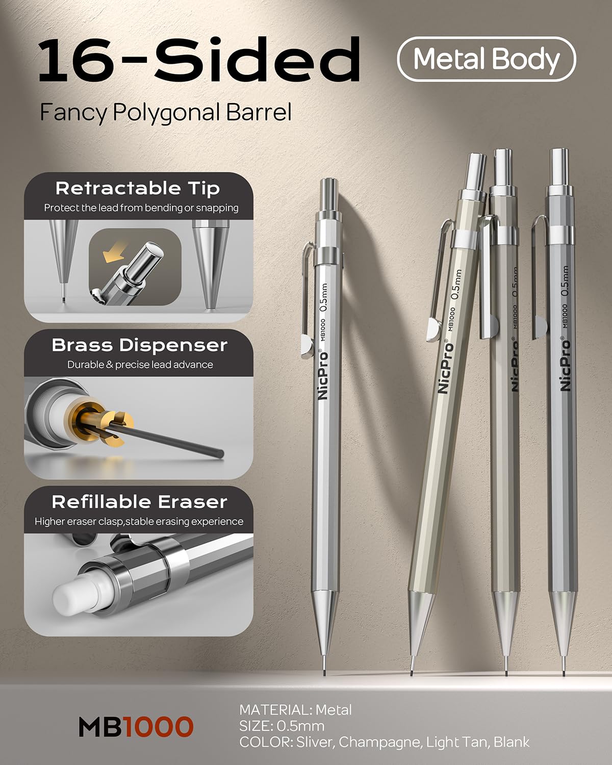 Nicpro 37PCS Art Mechanical Pencil Set, Metal Drafting Pencils 0.5 mm, 0.7 mm, 0.9 mm & 2mm Lead