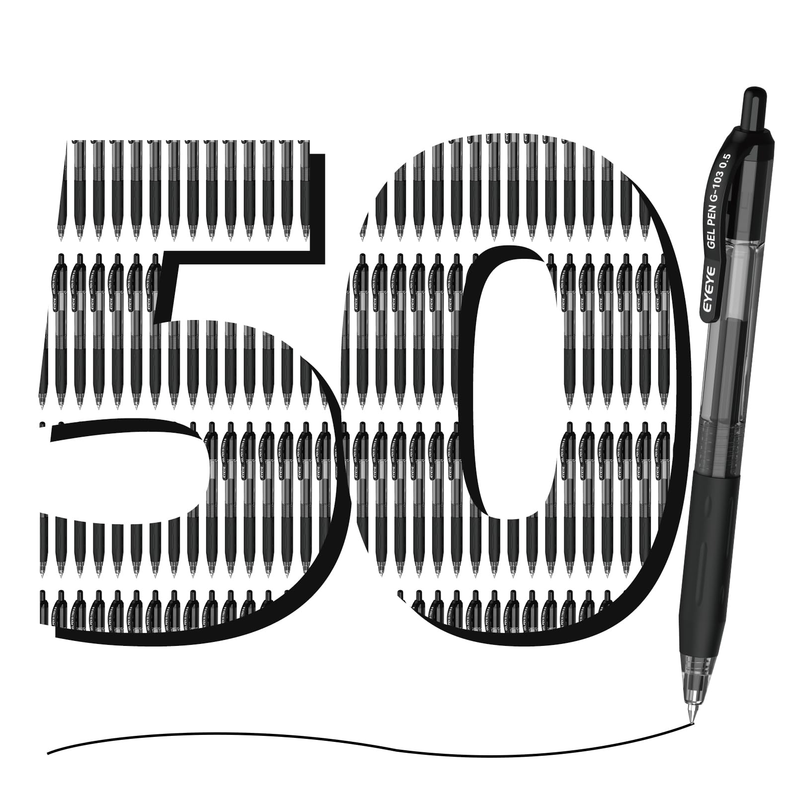 EYEYE G-103 Retractable Gel Pens Black 50 Pack, 0.5mm Extra Fine Point Ink Pen Quick Dry, Ballpoint