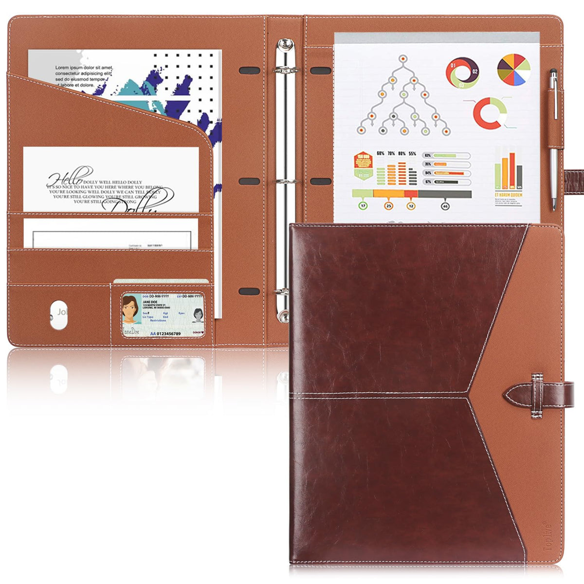 Toplive Padfolio 3 Ring Binder Organizer Business Portfolio Folder, A4/ Letter Size PU Leather