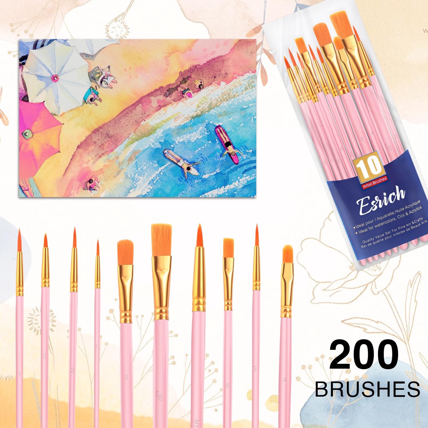 ESRICH 200PCS Pink Paint Brushes, Paint Brush for Acrylic Painting
