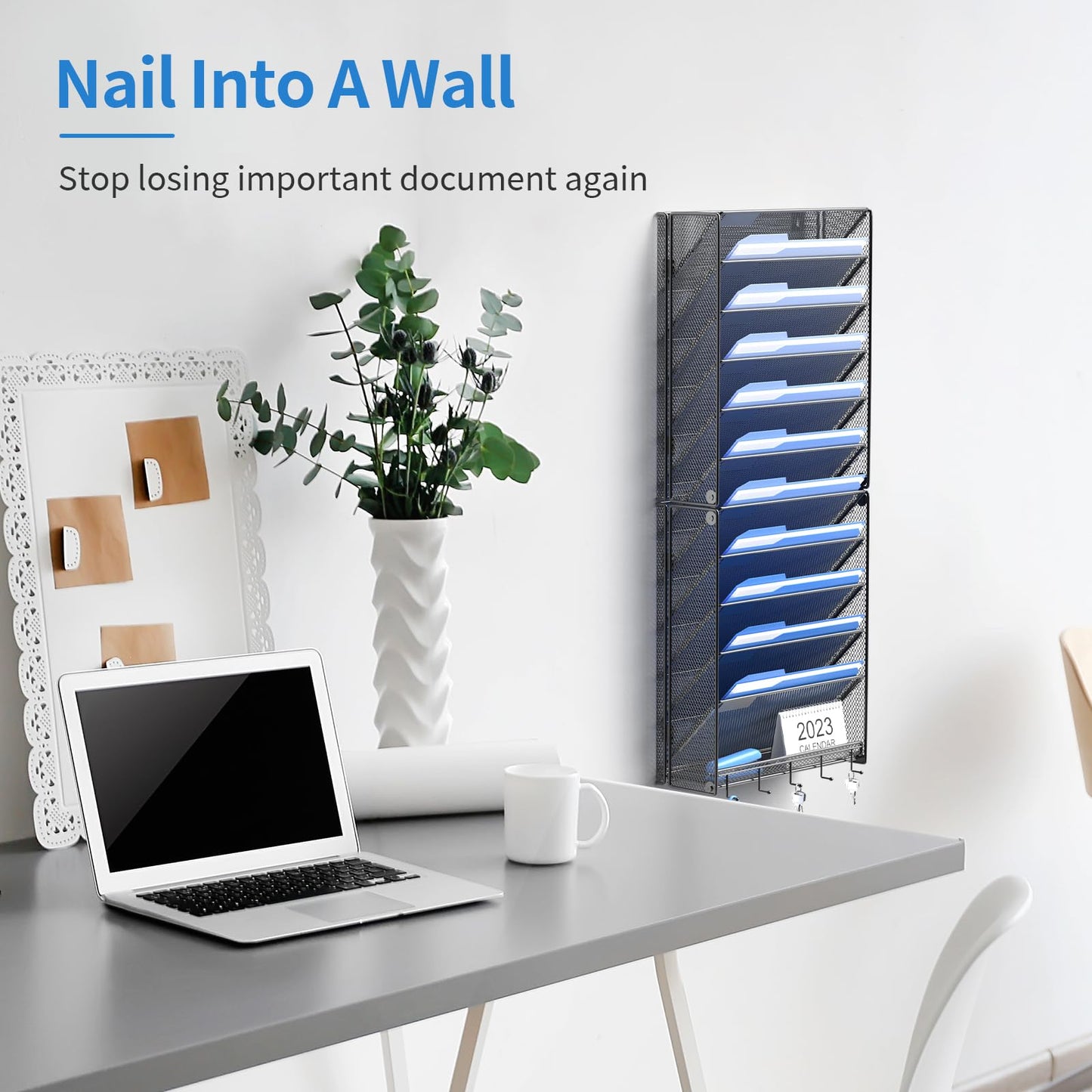 OUTWOLF Hanging Wall File Organizer with Hooks, 12 Tier Vertical Wall Mount File Holder, File