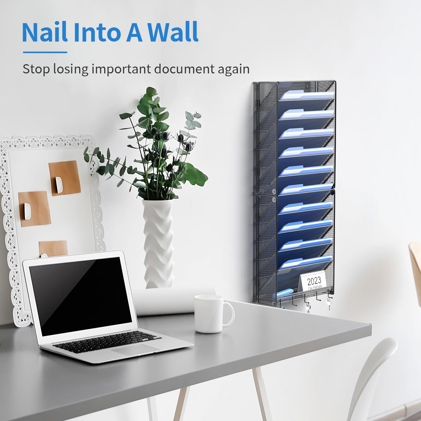 OUTWOLF Hanging Wall File Organizer with Hooks, 12 Tier Vertical Wall Mount File Holder, File