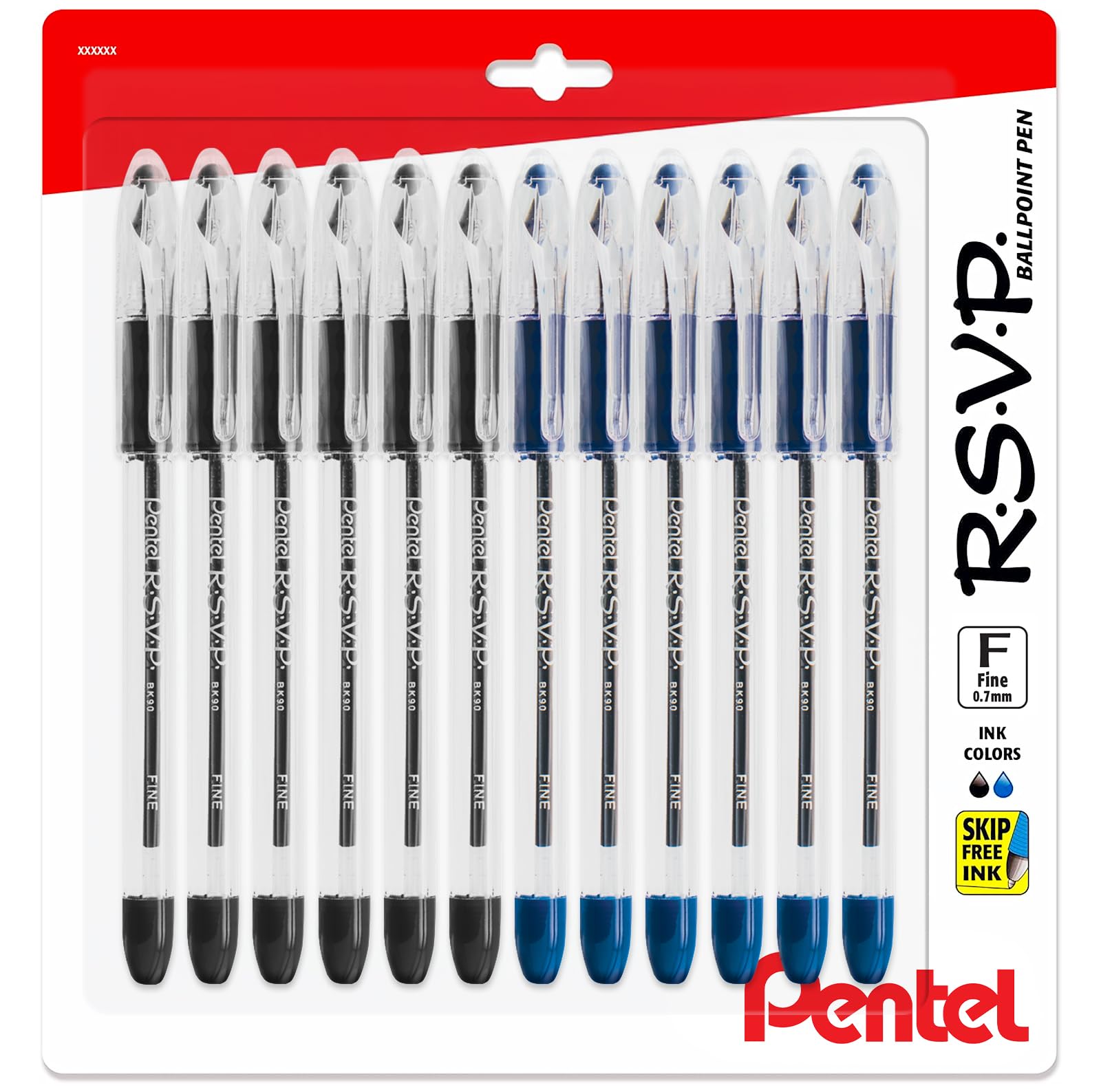 Pentel RSVP Ballpoint Pens, 0.7mm Fine Point, 6 Black & 6 Blue Ink Pentel Pens, Pack of 12