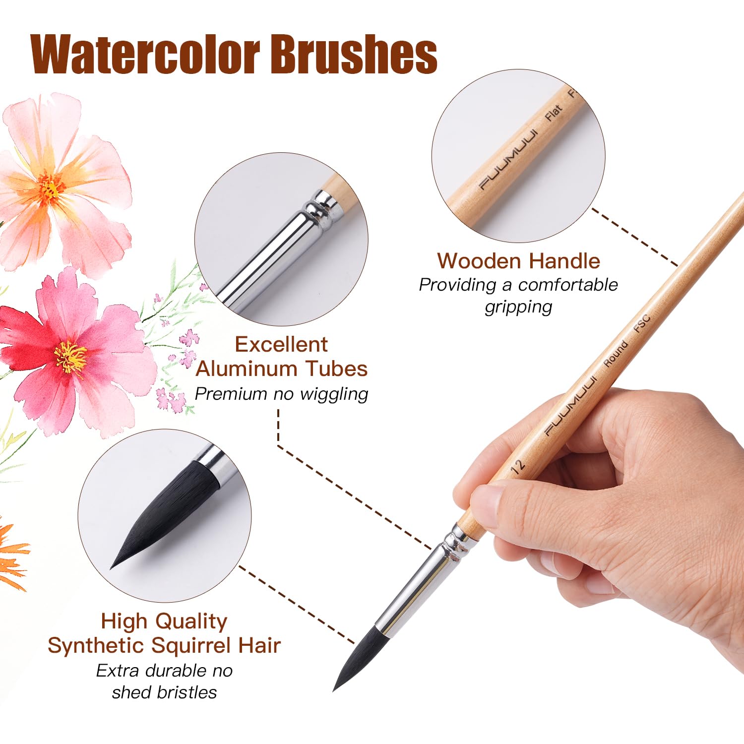 Watercolor Brush Set, Fuumuui 10pcs Professional Synthetic Squirrel Paint Brushes for Artists