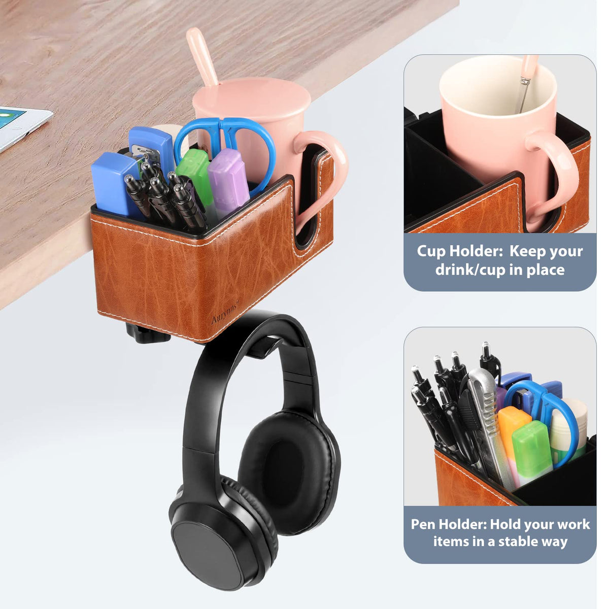 Under Desk Cup Holder Clamp on Cup Holder PU Leather Clip on Desk Organizer