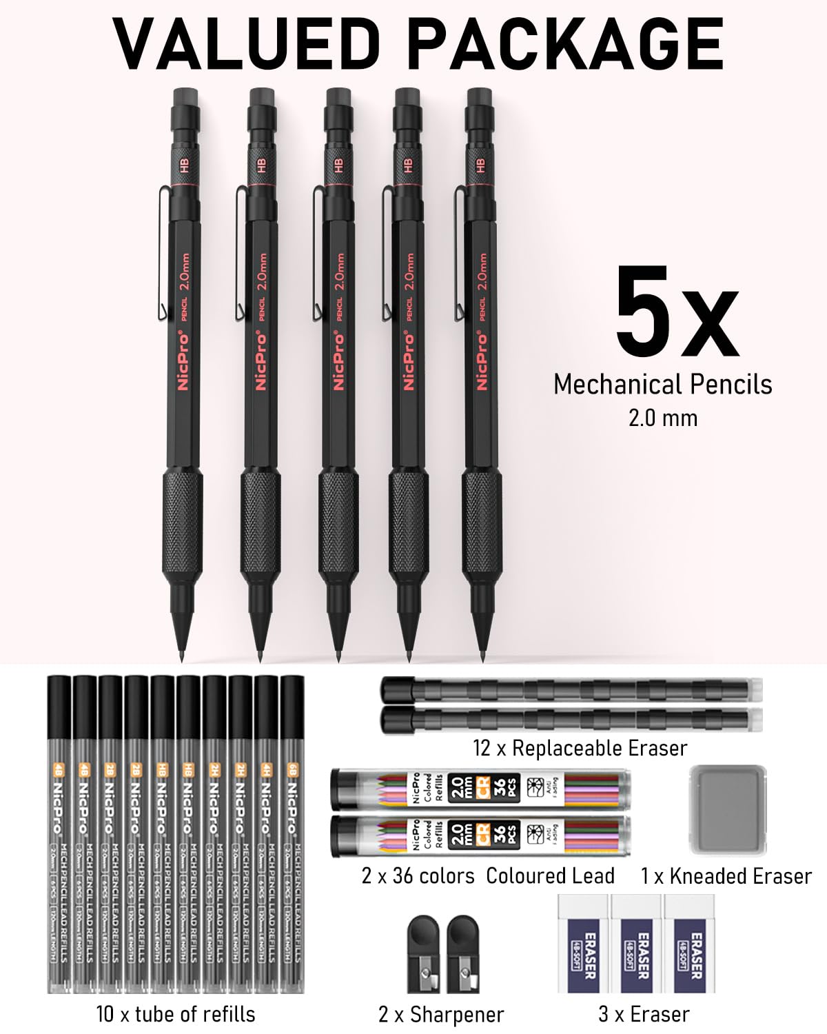 Nicpro 2mm Metal Mechanical Pencils Set with Case, 5 Pack Black