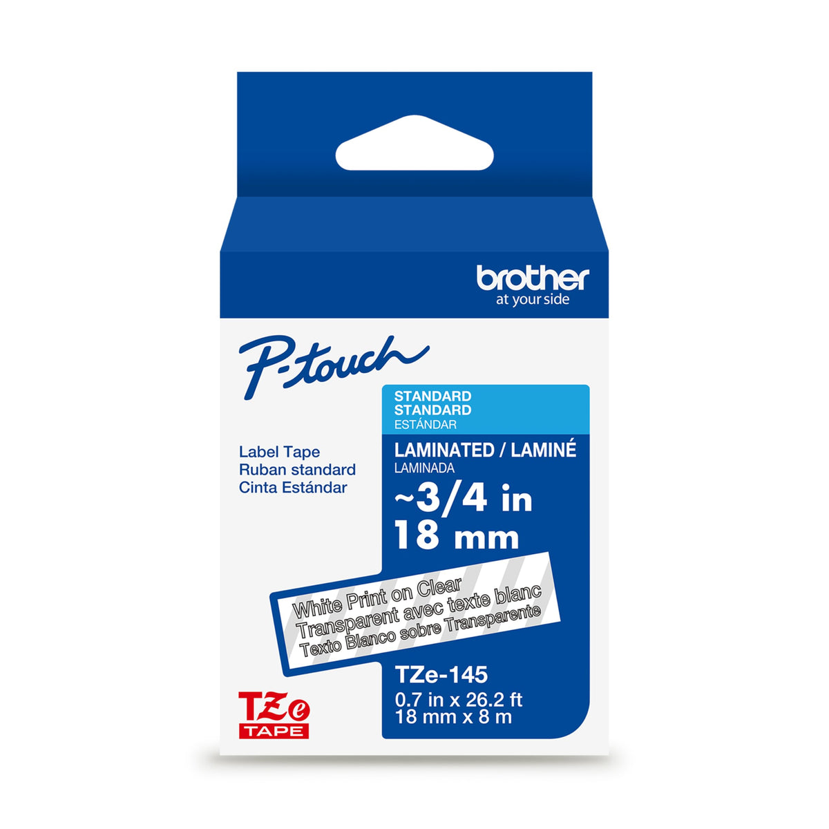 Brother Genuine P-Touch TZe White Print on Clear Label Tape (TZe145), Laminated,3/4in x 26.2ft