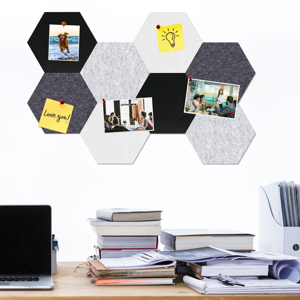 HULAVO Large Hexagon Felt Cork Board Tiles, Self Adhesive DIY Felt Bulletin Board Pin Board with 35