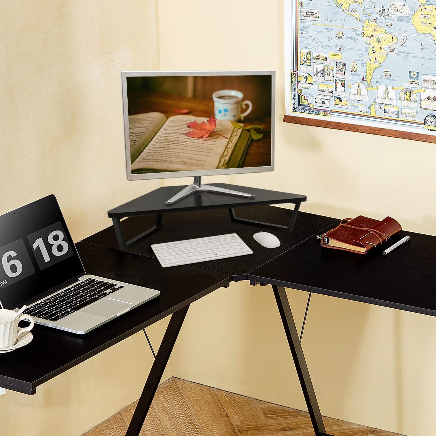 TEAMIX 26 inch Corner Monitor Stand Riser with Keyboard Storage, Black