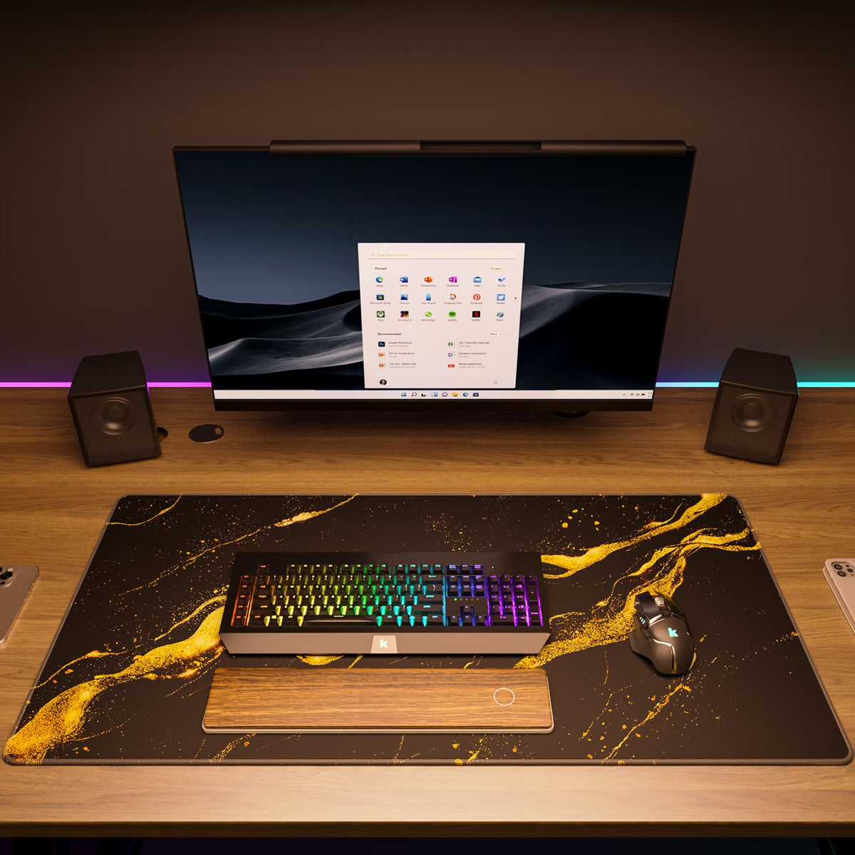 KTRIO Large Gaming Mouse Pad, Desk Mat, 31.5 x 15.7 in Black Gold, XXL