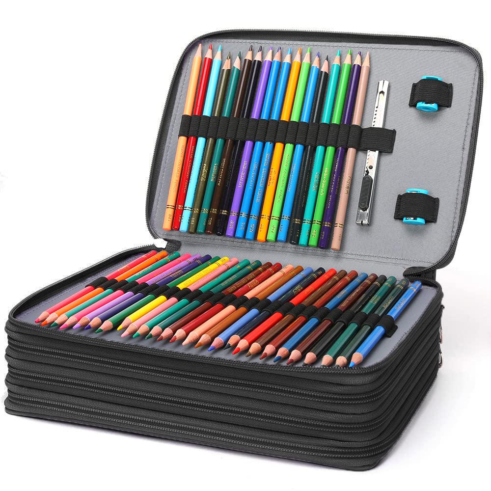 Vomgomfom 200 Slots Pencil Case 4-Layer PU Leather, Handle, Solid Black