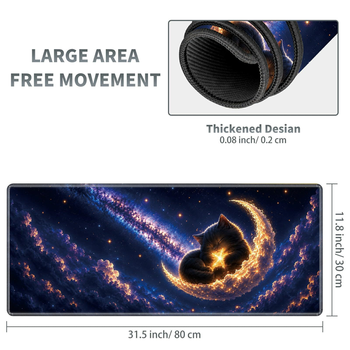 Crescent Dream Cat Large Mouse Pad, 31.5 x 11.8 in Extended Desk Mat