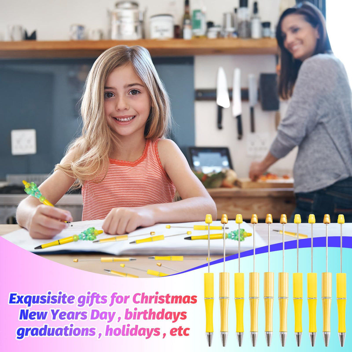DASTTUIS 300 Pieces DIY Beadable Pens Kit - 100 plastic Beadable Pens Bulk, Refills & pen bags
