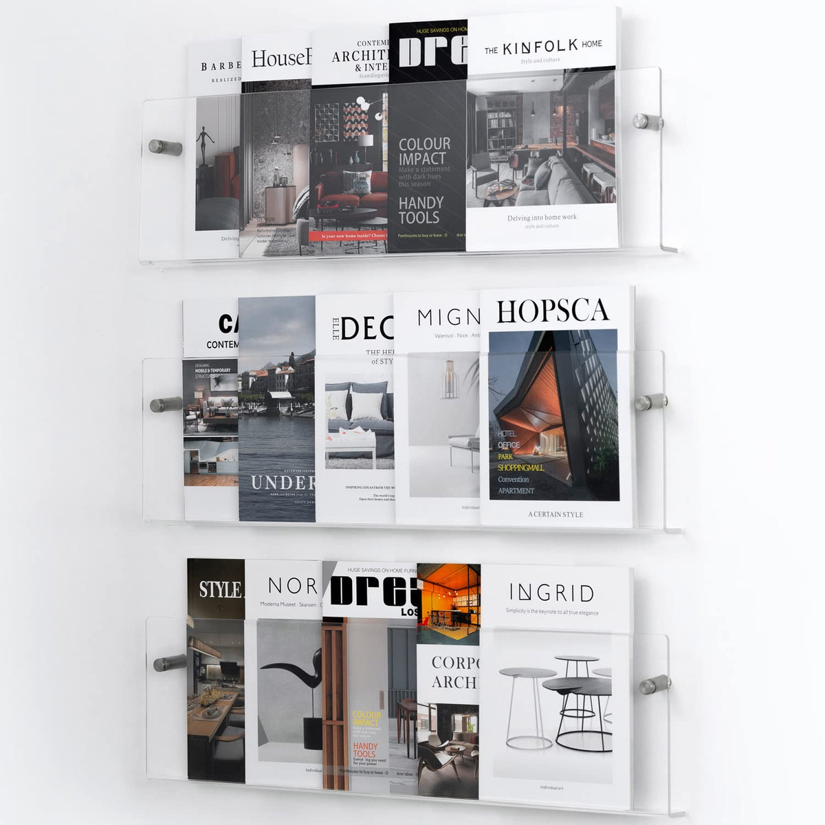 XOHYW Clear Acrylic Brochure Holder Wall Mount 3 Tier, Hanging Bookshelf Magazine Rack Literature