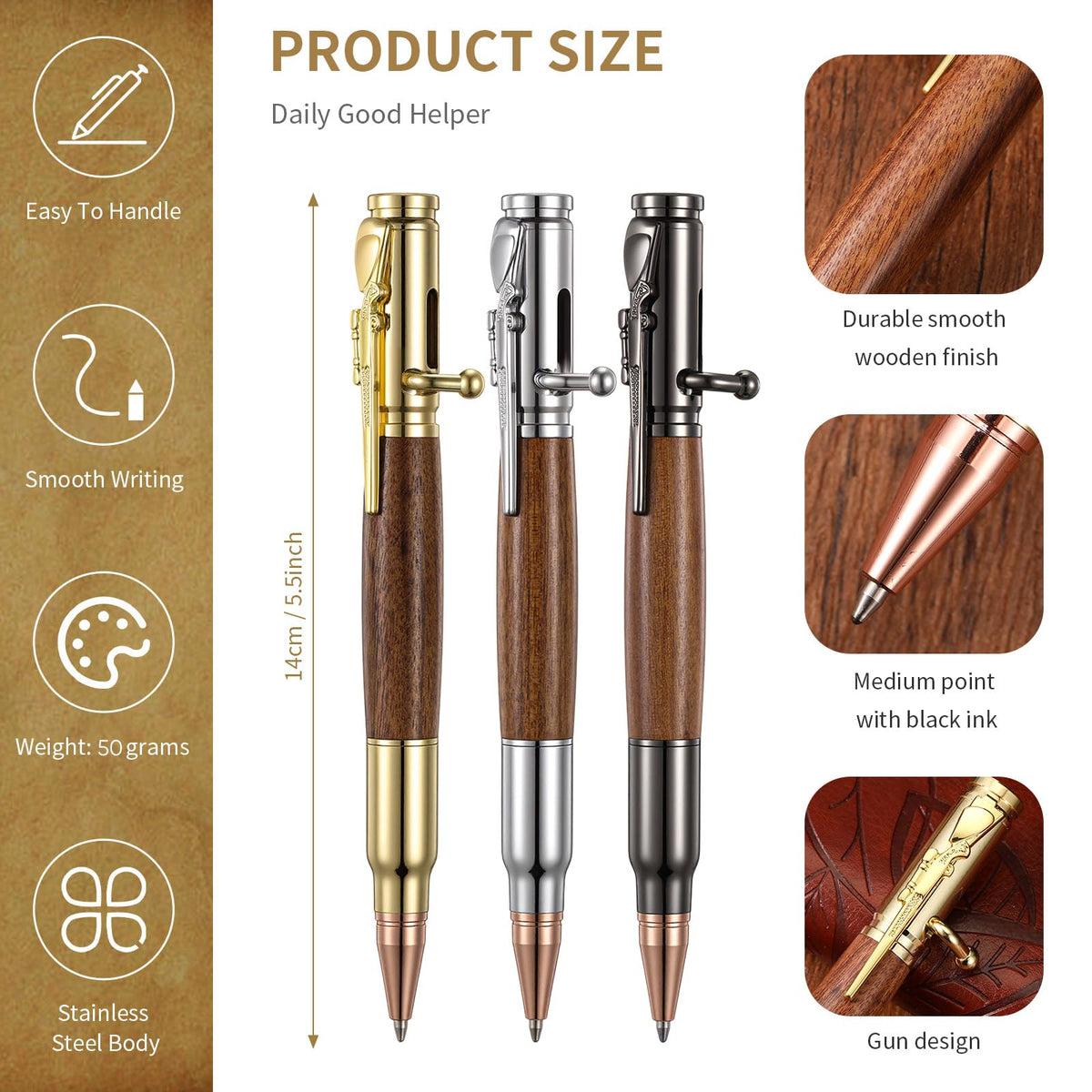 Crtiin 3 Sets Bolt Action Bullet Pens, Gift Boxed,Gold Silver Black