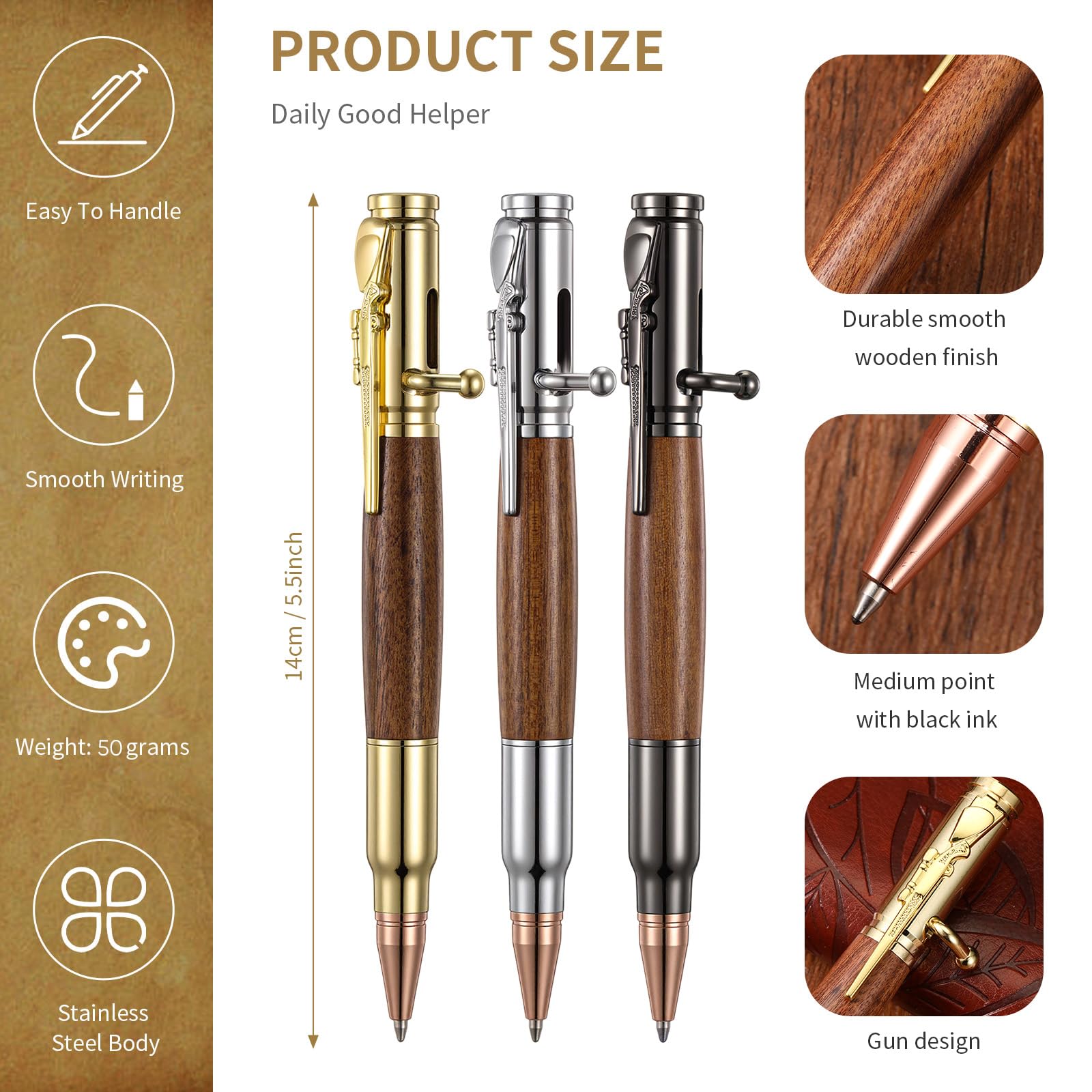 Crtiin 3 Sets Bolt Action Bullet Pens, Gift Boxed,Gold Silver Black