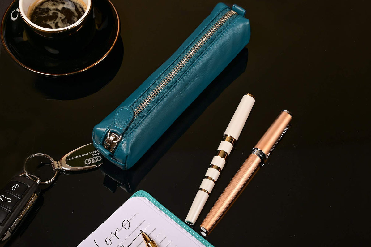 DiLoro Leather Zippered Fountain Ballpoint Rollerball Pens and Pencils Case Holder Pouch Genuine