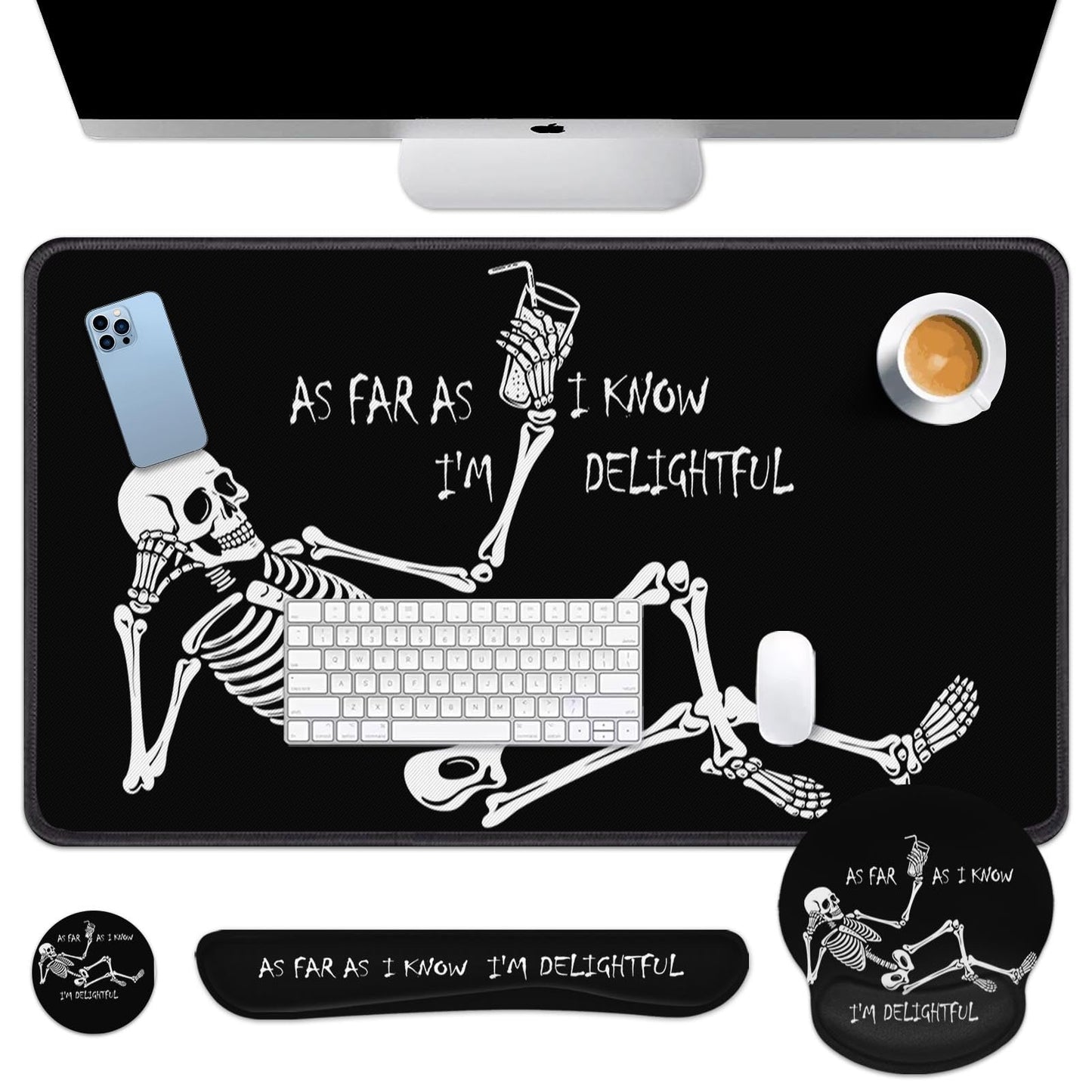 Britimes Keyboard Mouse Pad Set, 4 in 1 Desk Mat Set, Skull Skeleton Black