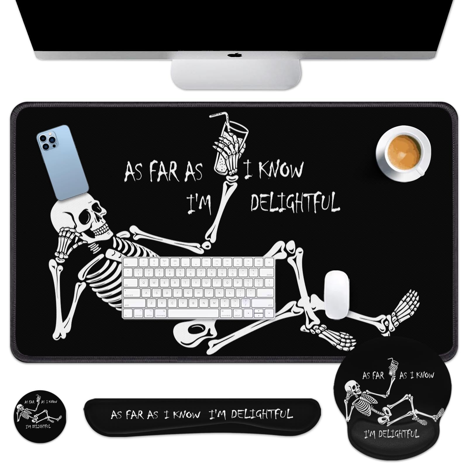 Britimes Keyboard Mouse Pad Set, 4 in 1 Desk Mat Set, Skull Skeleton Black