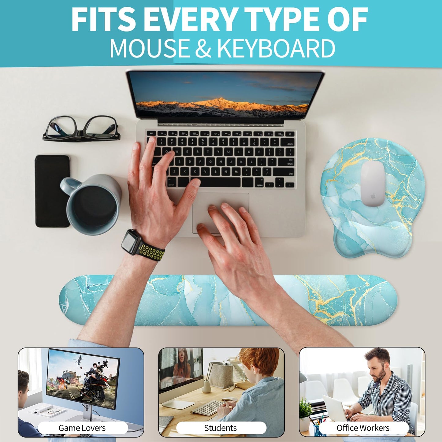 eulps Mouse Pad Wrist Support, Ergonomic Memory Foam Keyboard Wrist Pad & Gel Wrist Rest Set for