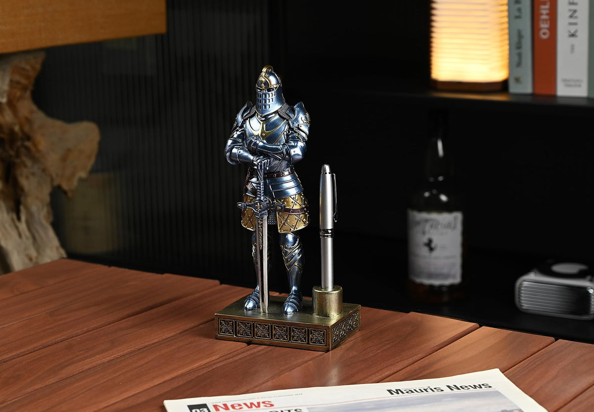 Amoysanli Knight Statue Resin Pen Stand Resin Fountain for Men Blue
