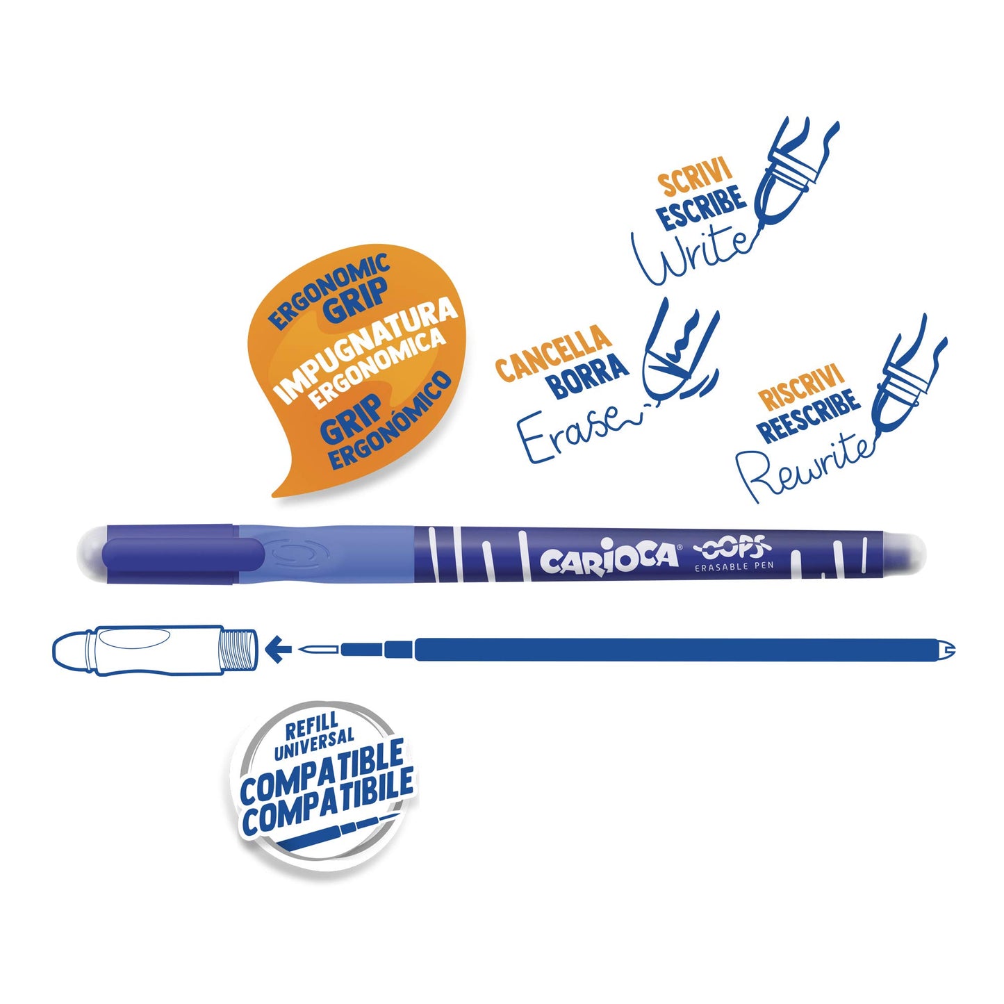 Carioca Oops Blue Pens | Refillable Erasable Pens Set for School and Office with Cap, Double Eraser