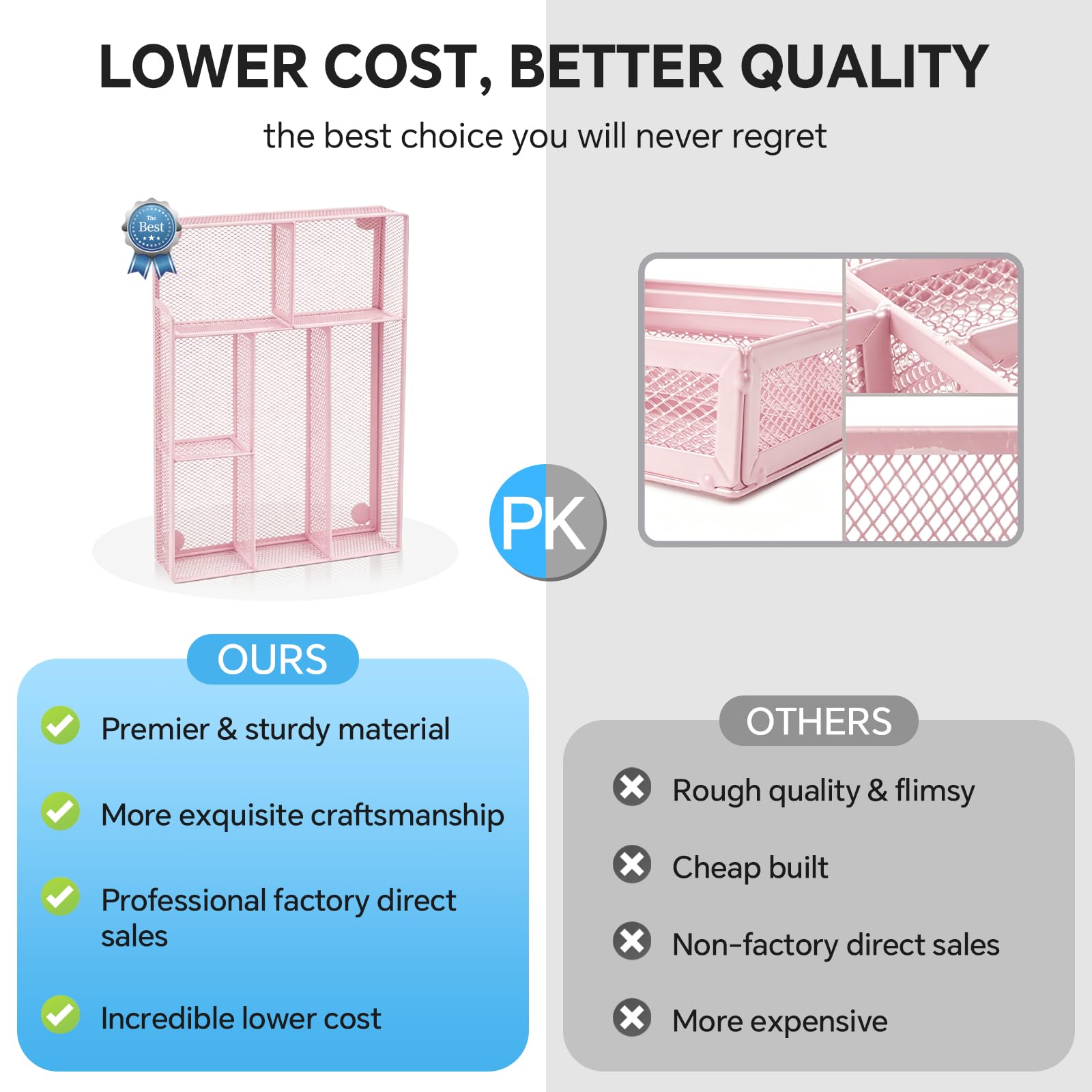 Desk Drawer Organizer, Office Drawer Divider Organizer Tray with 6 Compartments, Metal Mesh Desktop