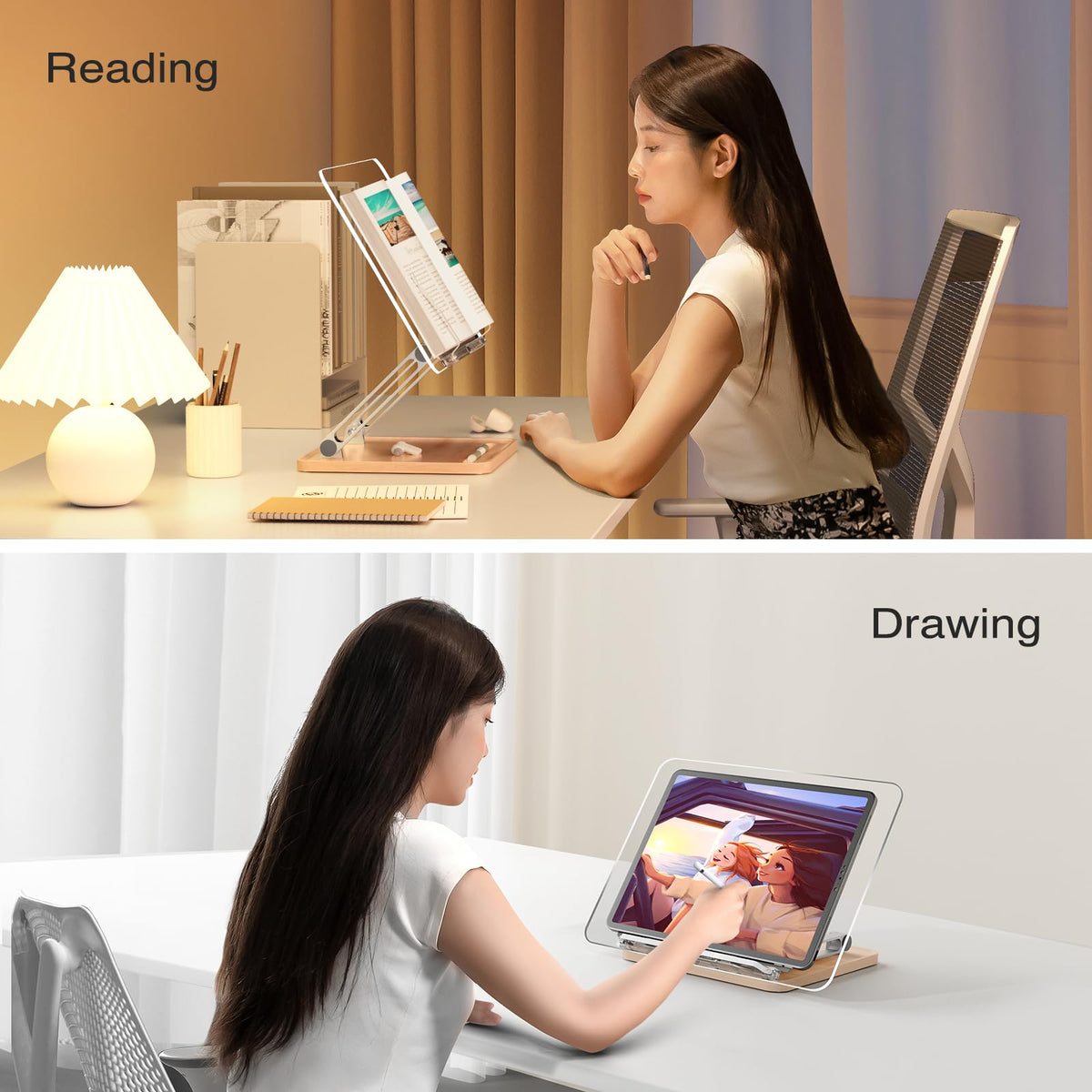Acrylic Book Stand with Storage Base, Dual Aluminum Arm Reading Holder