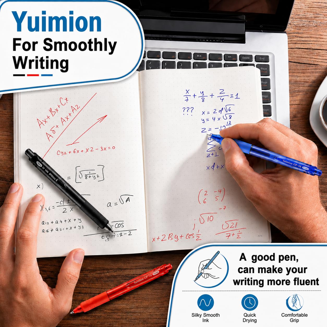 Yuimion 0.5mm Quick Dry Gel Pens, 16 Black 8 Red 8 Blue Fine Point,32 Pack