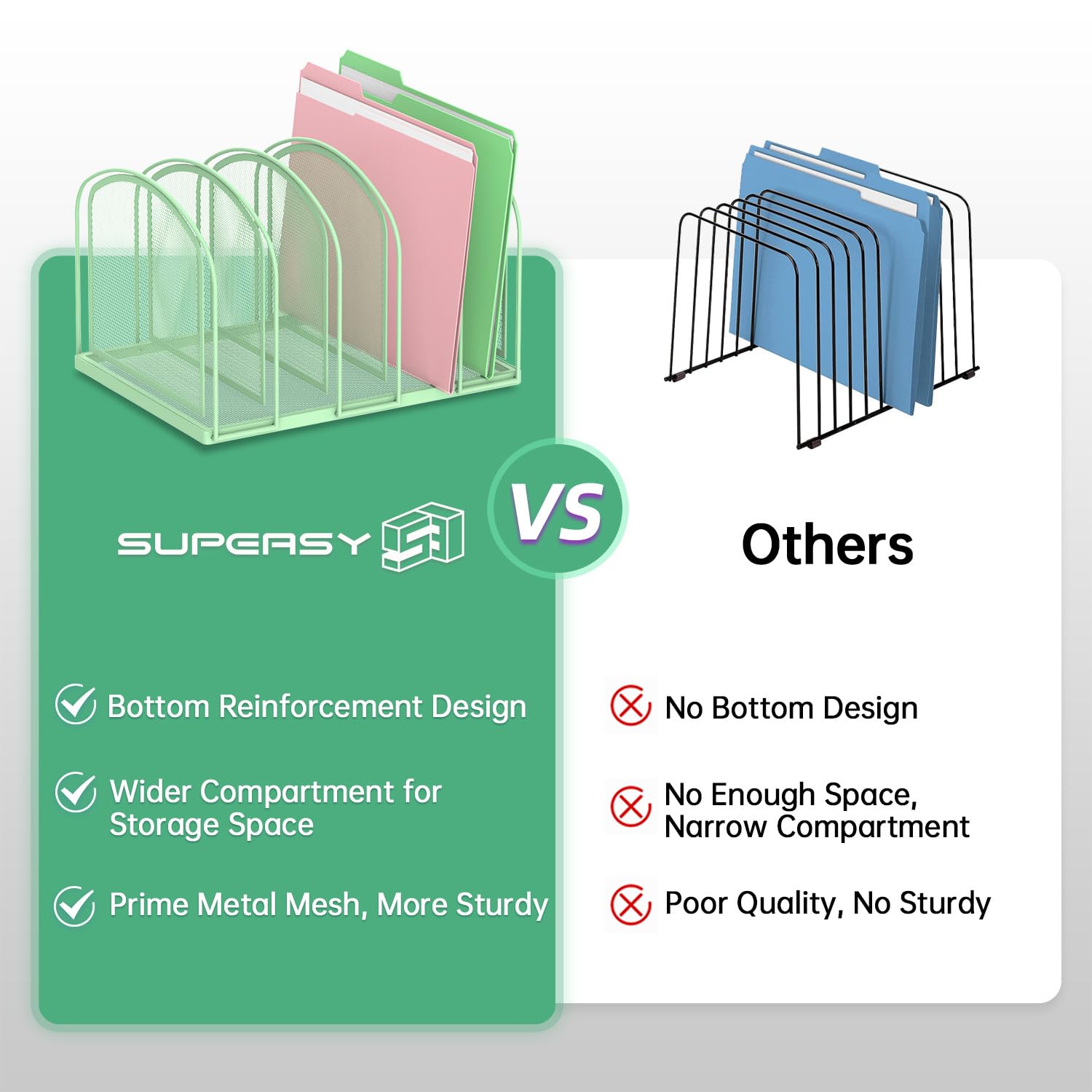 5-Section File Organizer for Desk, Metal File Folder Holder, Mint Green
