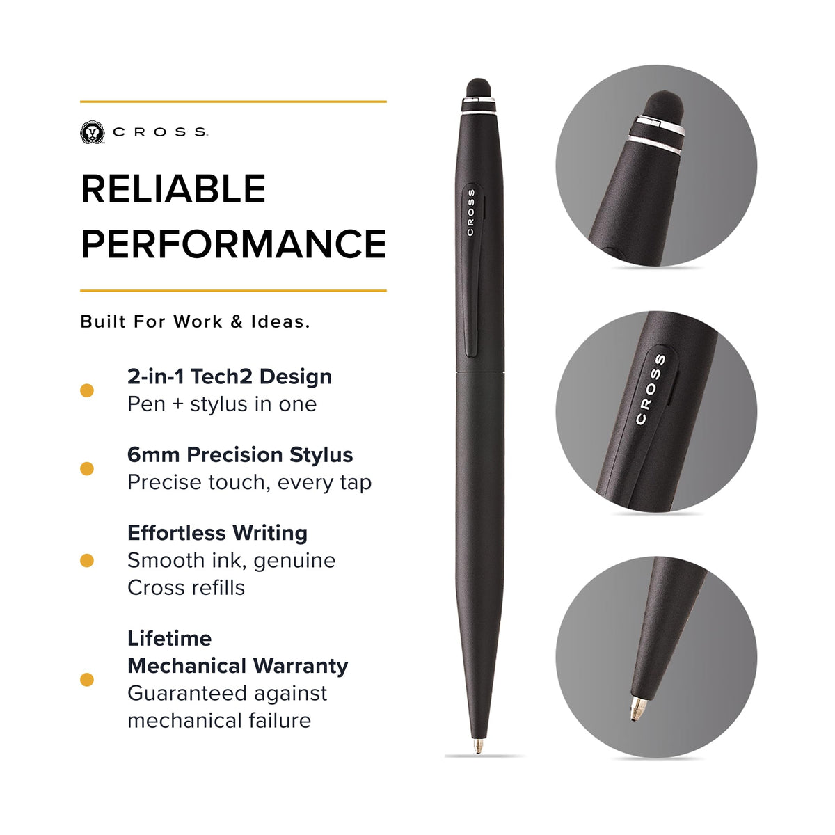 Cross Tech2 Satin Black Ballpoint Pen, Medium Point, Black Ink