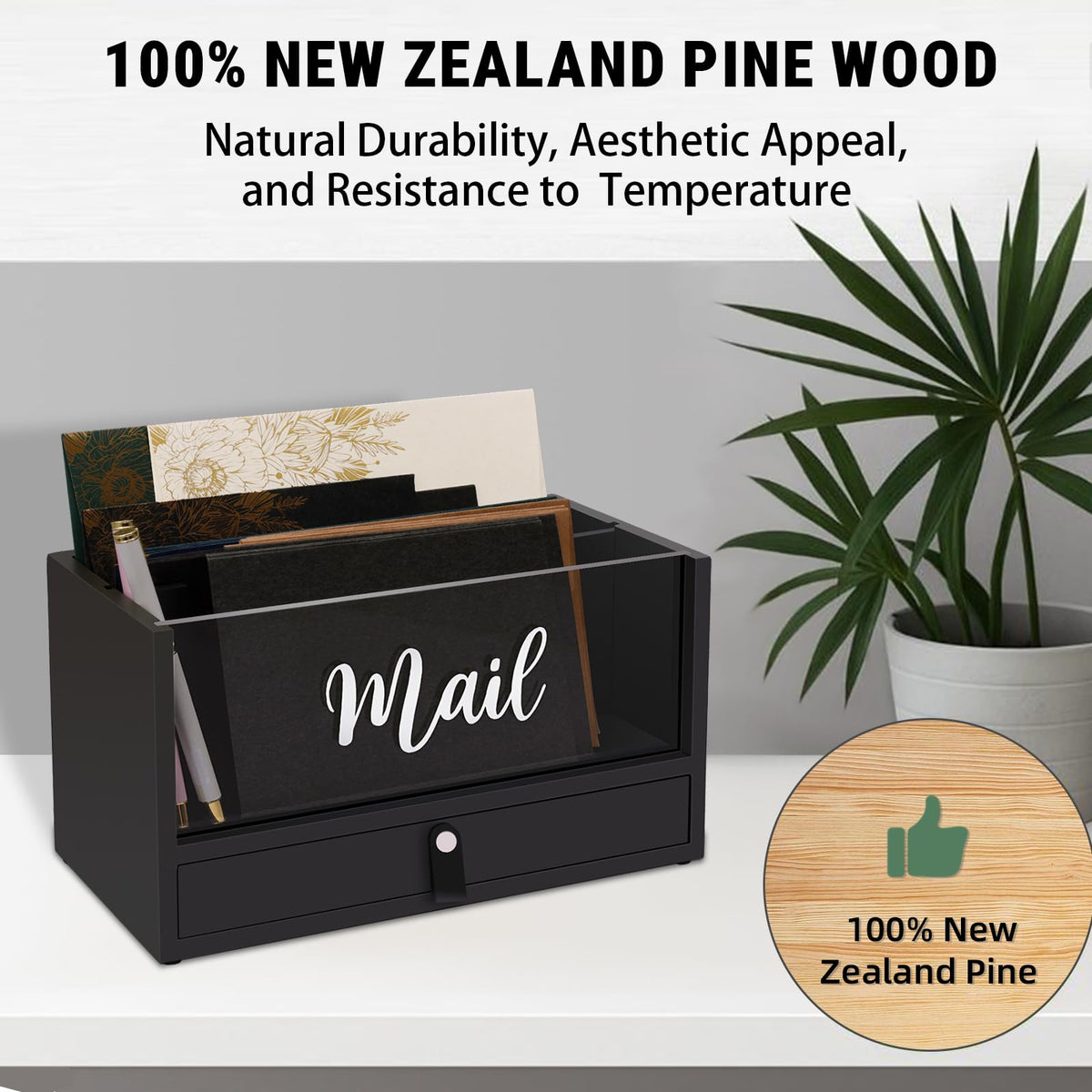 Two-Layer Solid Wooden Mail Storage Organizer Holder with Clear Acrylic Top and Bottom Drawer