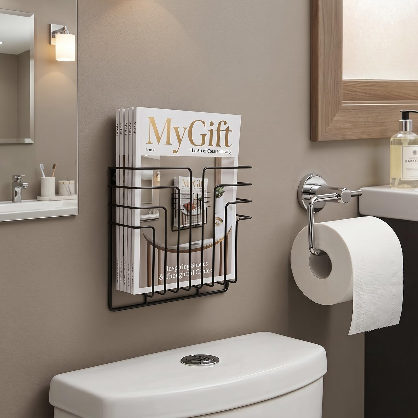 MyGift Black Metal Wire Wall Mounted Magazine File Holder Organizer Rack