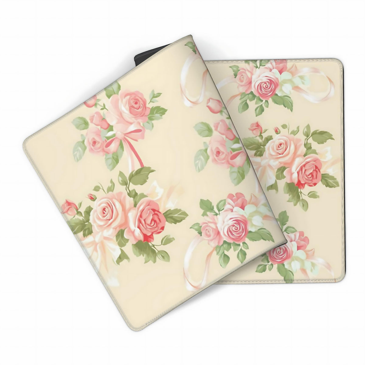 Cute Floral Aesthetic Rose Gaming Mouse Pad, Pink Macaron Desk Mat with Anti-Slip Base & Stitched