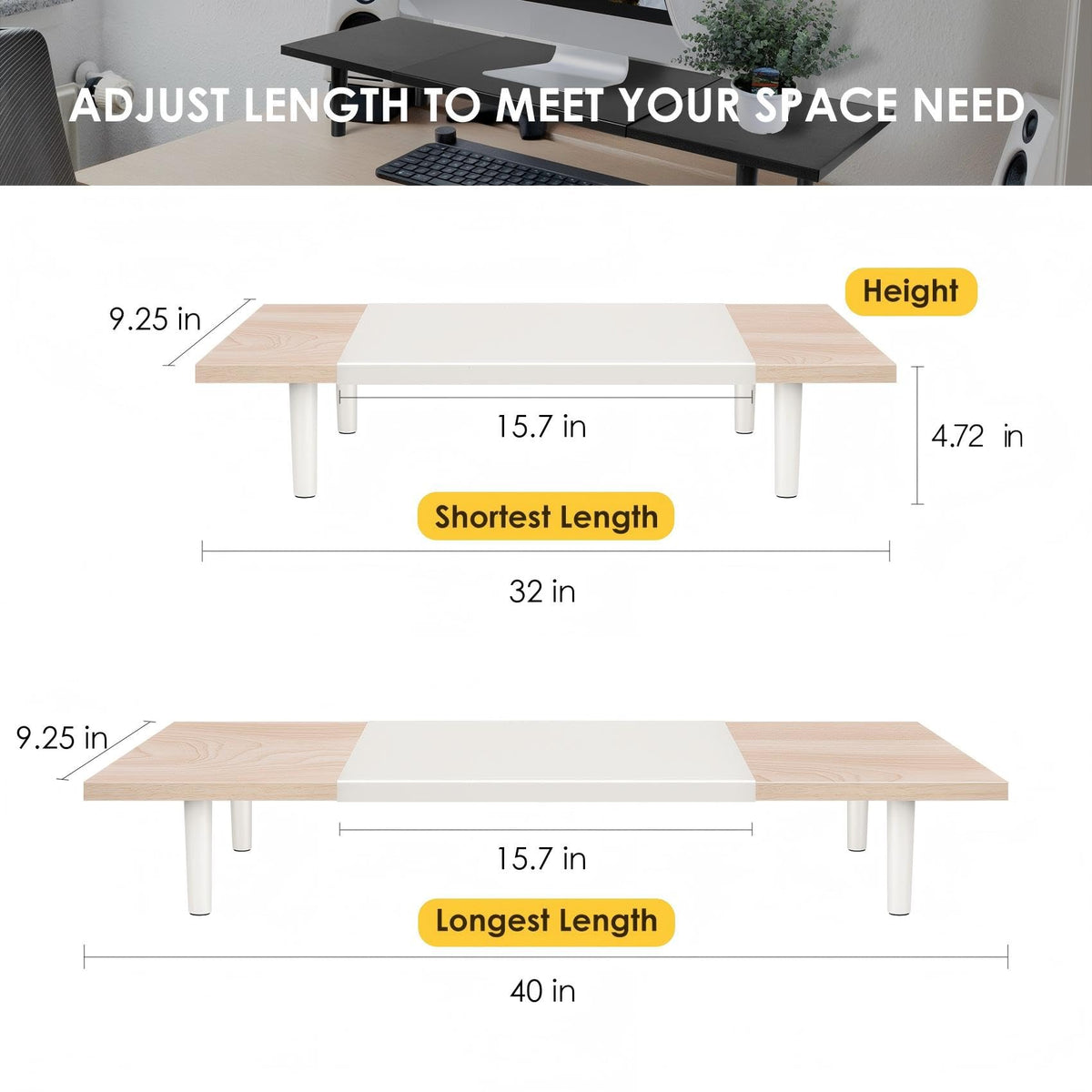 Across-Star Dual-Monitor-Stand-Riser-For-Desk Adjustable Length 32-40 Inch，Large Desktop Computer