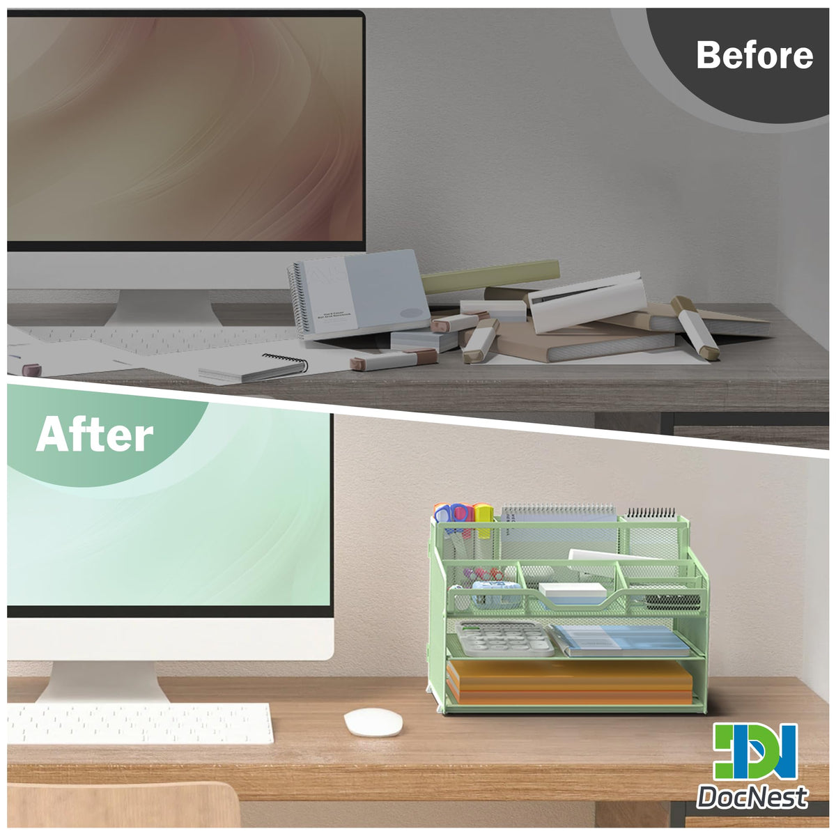 Docnest 3 Tier Mesh Desk Organizer with Letter Tray & Paper Sorter, Green